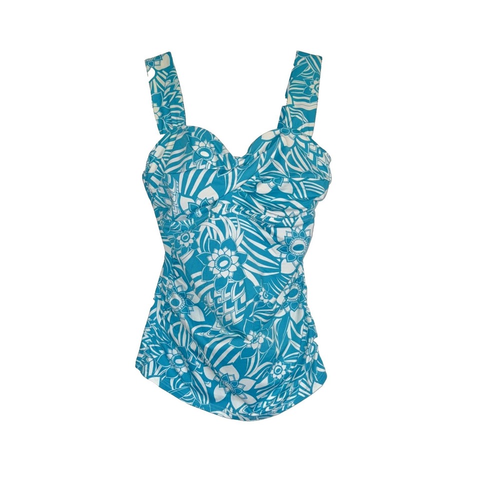 Beach Modest Tropical Eddie Bauer Tankini Sz‎ 8 Floral Print Blue White Swimwear - Picture 2 of 8